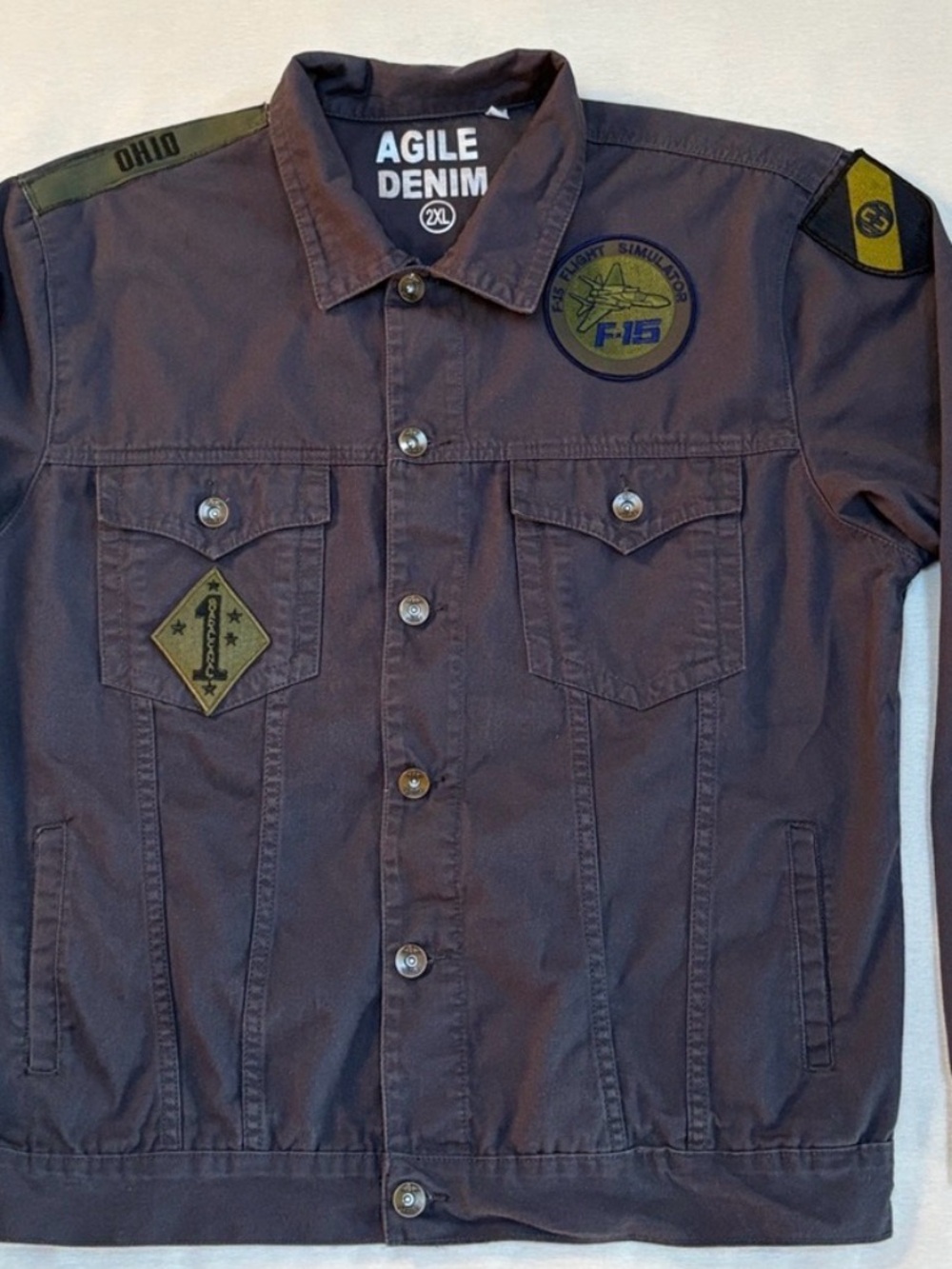 Military style Denim Jacket with Patches- Upcycled